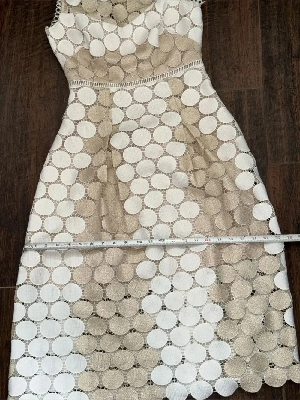 Shoshanna Glengarry Ivory Metallic Gold Circle Lace Midi Cocktail Dress